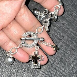 Pretty Cross Dangle Charm Beaded Statement Bracelet Silvertone w Goldtone Accent